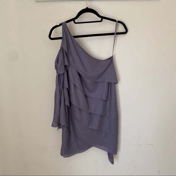 BCBG Gray 1 Shoulder Tie Sleeve Ruffle Layer Dress - Picture 5 of 10